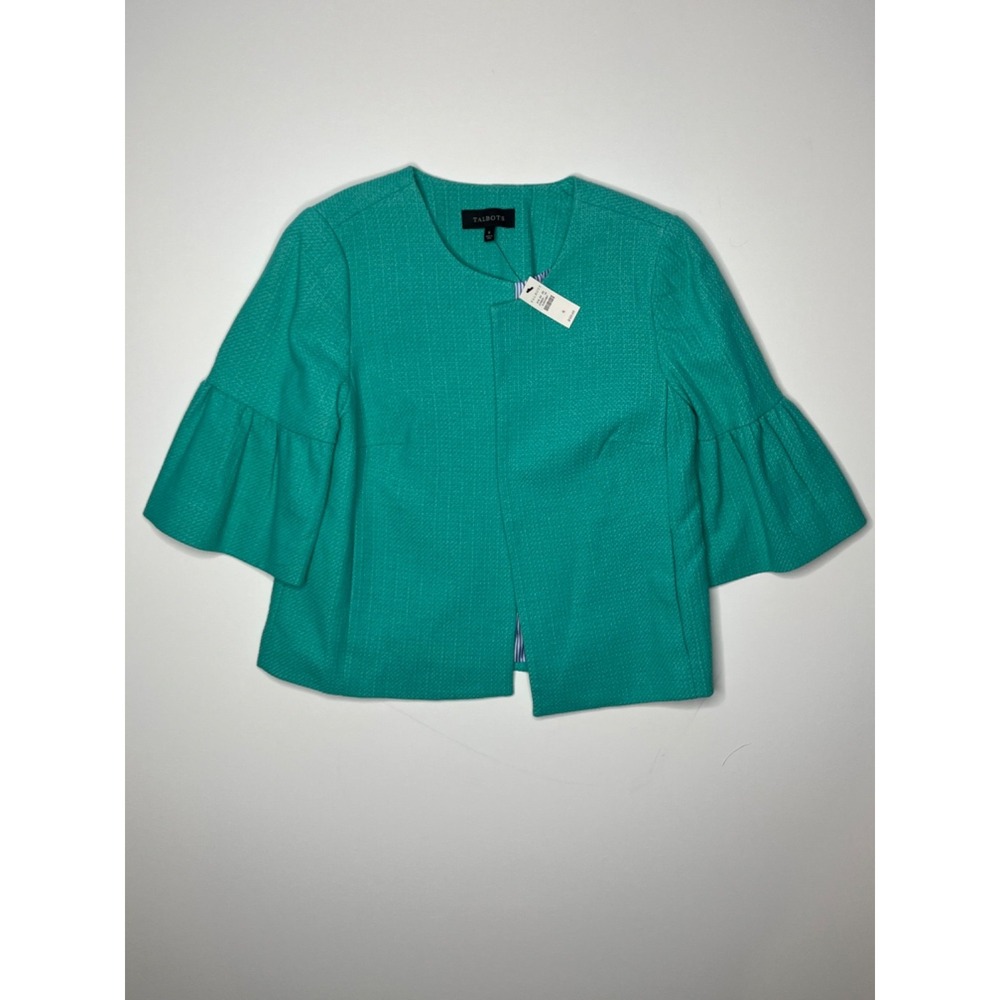 Talbots Women's Green Teal Jacket Blazer Ruffle Sleeve Size 6